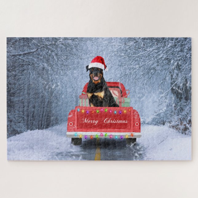 Rottweiler Dog in Snow sitting in Christmas Truck  Jigsaw Puzzle (Horizontal)