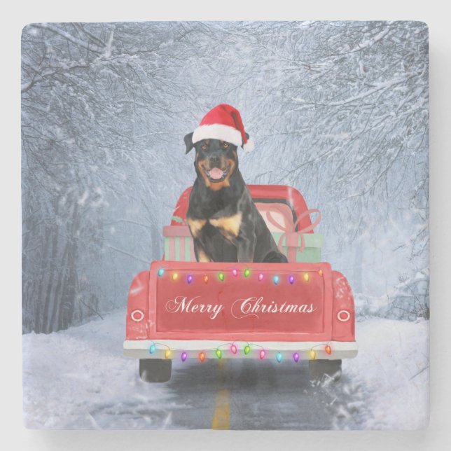 Rottweiler Dog in Snow sitting in Christmas Truck  Stone Coaster (Front)