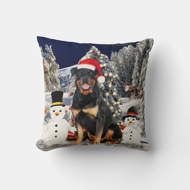 Rottweiler Dog in Snow With Santa Hat Cushion (Front)