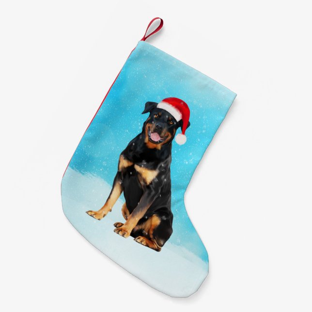 Rottweiler Dog in Snow With Santa Hat Small Christmas Stocking (Front (Hanging))