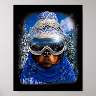 Rottweiler Dog In Winter Ski Snowboarding Sport We Poster