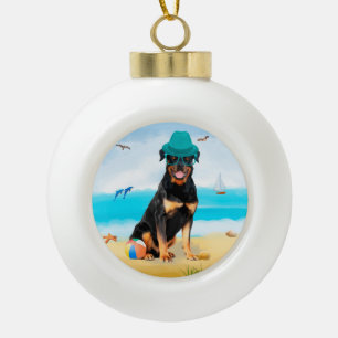 Rottweiler Dog on Beach  Ceramic Ball Christmas Ornament
