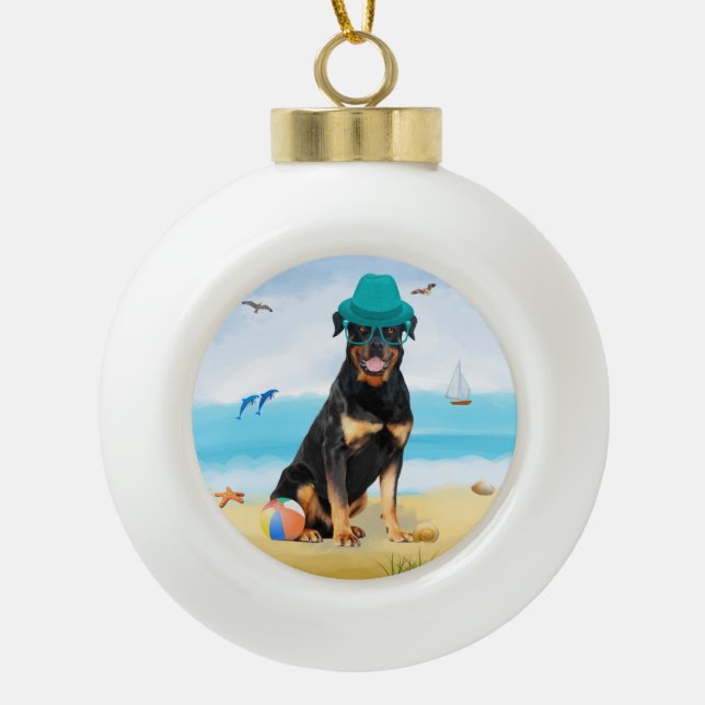 Rottweiler Dog on Beach  Ceramic Ball Christmas Ornament (Front)