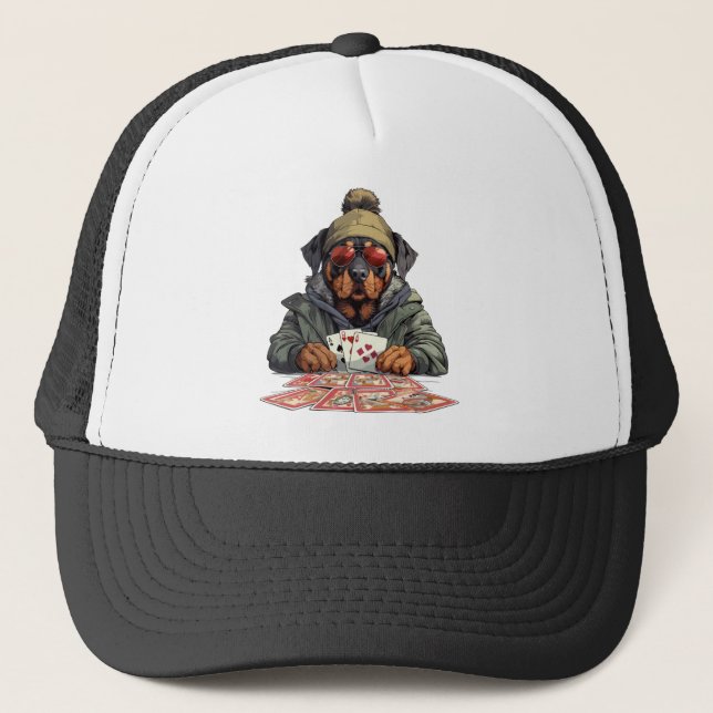 Rottweiler Dog Playing Cards Trucker Hat (Front)