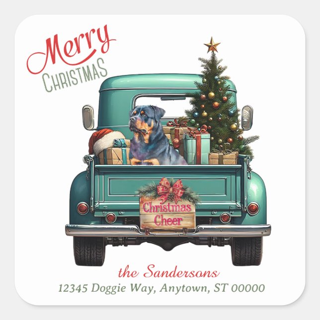 Rottweiler Dog Retro Truck Christmas Square Sticker (Front)