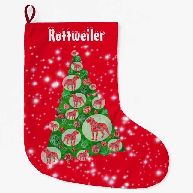 Rottweiler Dog Silhouette Christmas Big Tree Large Christmas Stocking (Front)
