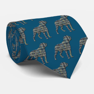 Rottweiler Dog Silhouette Yellow& Blue Grid Blue Tie