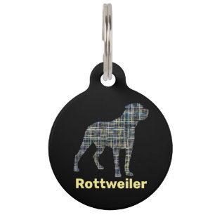 Rottweiler Dog Silhouette Yellow & Blue Grid Lines Pet Tag
