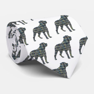 Rottweiler Dog Silhouette Yellow & Blue Grid White Tie