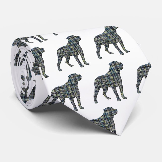 Rottweiler Dog Silhouette Yellow & Blue Grid White Tie (Rolled)