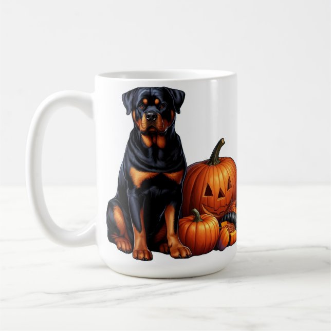 Rottweiler Dog Sitting by Halloween Pumpkins Coffee Mug (Left)