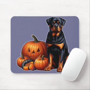 Rottweiler Dog Sitting by Halloween Pumpkins Mouse Mat