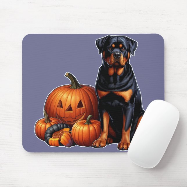 Rottweiler Dog Sitting by Halloween Pumpkins Mouse Mat (With Mouse)