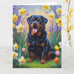 Rottweiler Dog Spring Flowers Painting Card