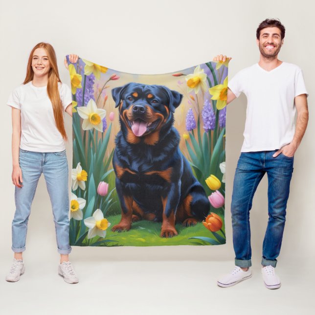 Rottweiler Dog Spring Flowers Painting Fleece Blanket (In Situ)