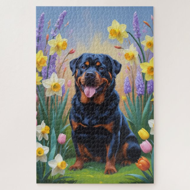 Rottweiler Dog Spring Flowers Painting Jigsaw Puzzle (Vertical)
