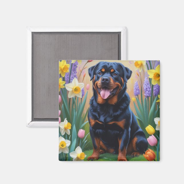 Rottweiler Dog Spring Flowers Painting Magnet (Front/Back)