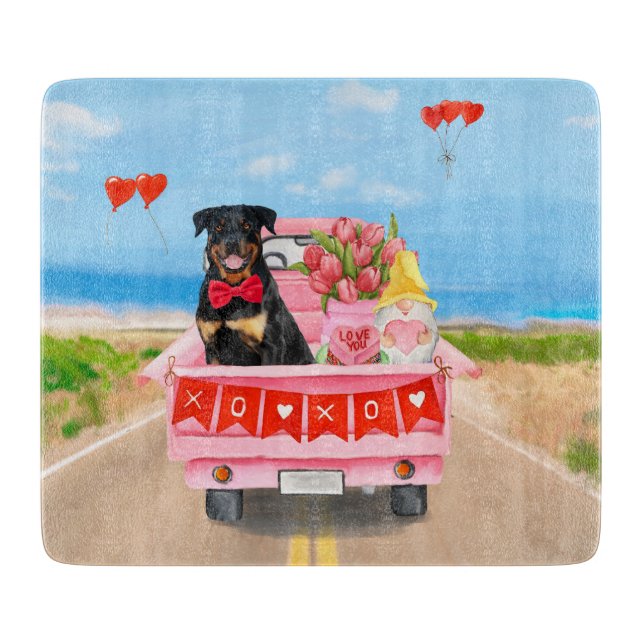 Rottweiler Dog Valentine's Day Truck Hearts Cutting Board (Front)