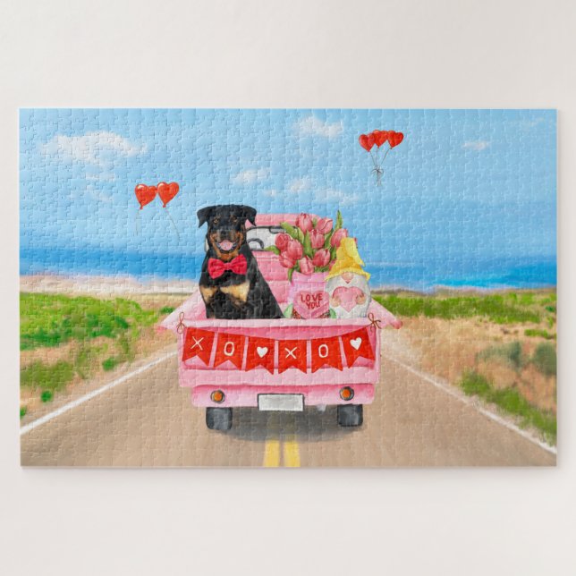 Rottweiler Dog Valentine's Day Truck Hearts Jigsaw Puzzle (Horizontal)