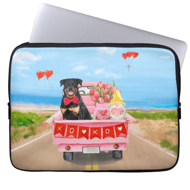 Rottweiler Dog Valentine's Day Truck Hearts Laptop Sleeve (Front)