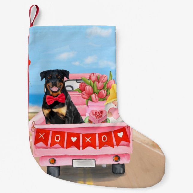 Rottweiler Dog Valentine's Day Truck Hearts Small Christmas Stocking (Front)
