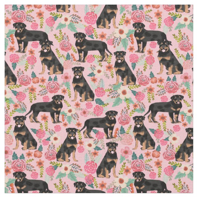 Rottweiler dog vintage florals pink fabric (Close Up)