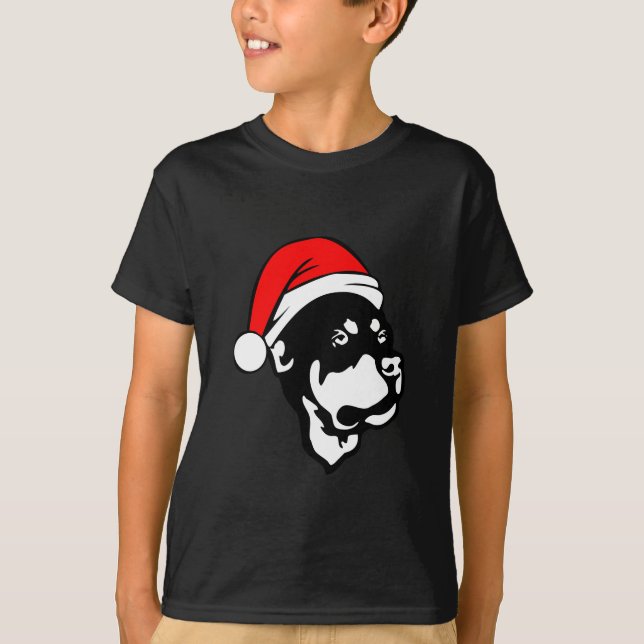 Rottweiler Dog wearing Red Christmas Santa Hat T-Shirt (Front)