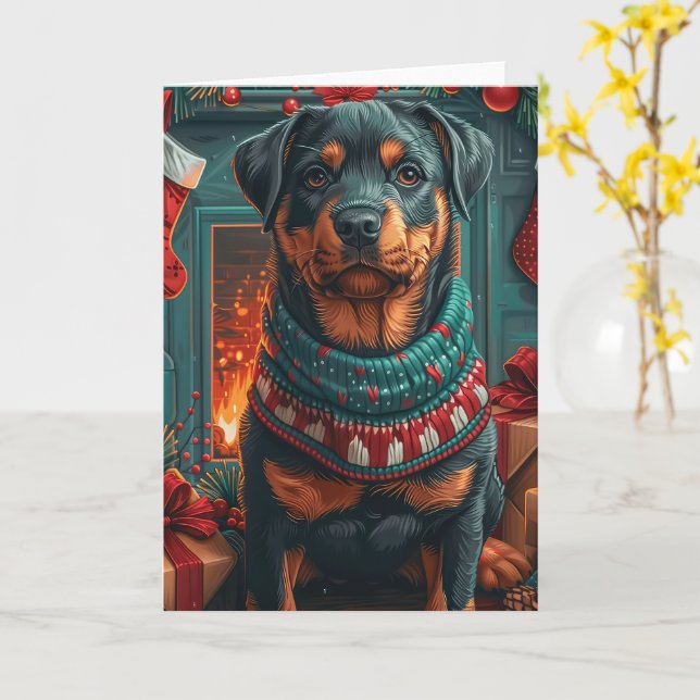 Rottweiler Dog With Christmas Gifts Fireplace Card (Yellow Flower)