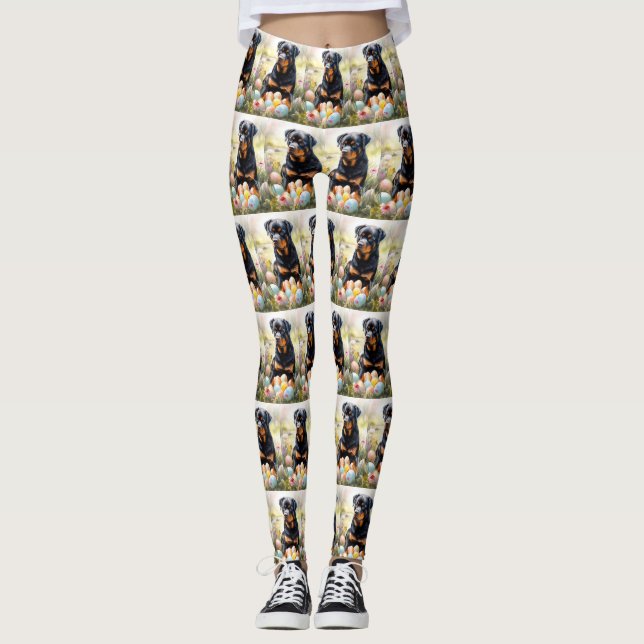 Rottweiler Dog with Easter Eggs Holiday  Leggings (Front)