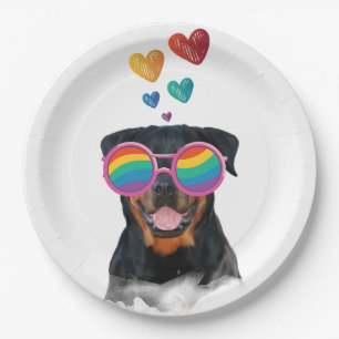 Rottweiler Dog with Hearts Valentine's Day Paper Plate