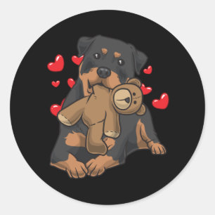 Rottweiler Dog with stuffed animal and hearts Classic Round Sticker