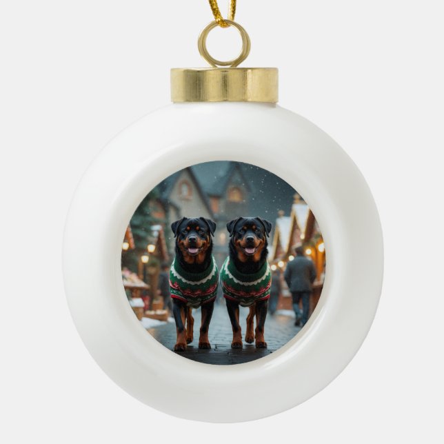 Rottweiler Dogs Christmas Snow Holiday Ceramic Ball Christmas Ornament (Front)