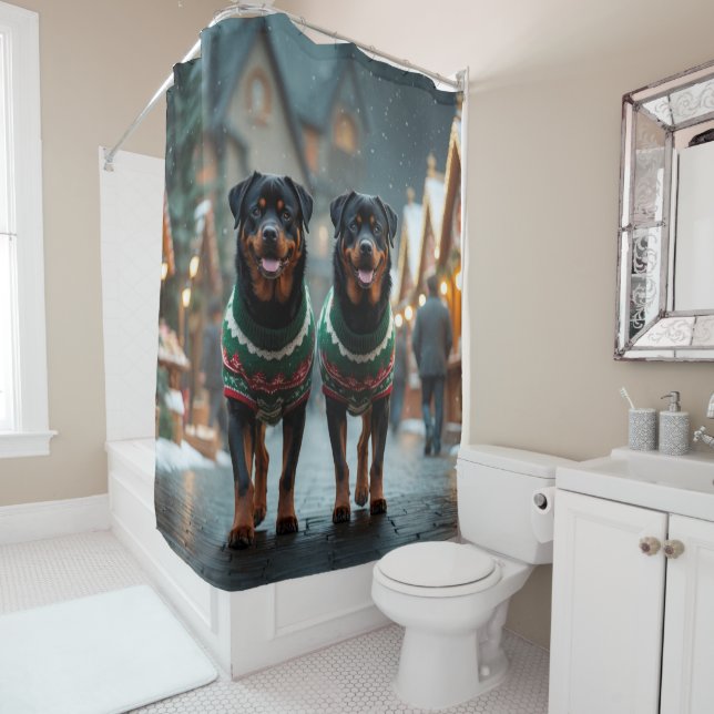 Rottweiler Dogs Christmas Snow Holiday Shower Curtain (In Situ)