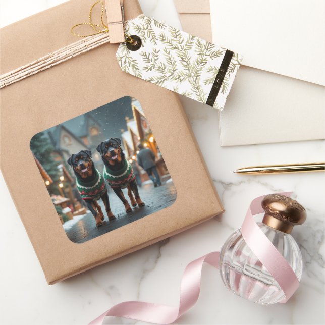 Rottweiler Dogs Christmas Snow Holiday Square Sticker (Gifting)