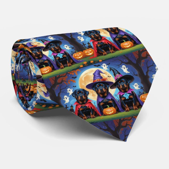 Rottweiler Dogs Pumpkin Halloween Funny  Tie (Rolled)