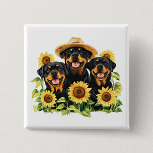 Rottweiler Dogs Surrounded By Sunflowers 15 Cm Square Badge