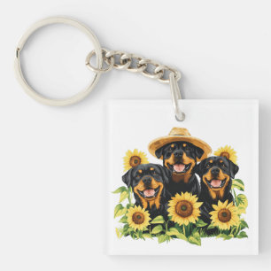 Rottweiler Dogs Surrounded By Sunflowers Key Ring
