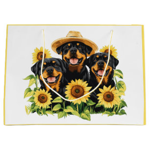 Rottweiler Dogs Surrounded By Sunflowers Large Gift Bag