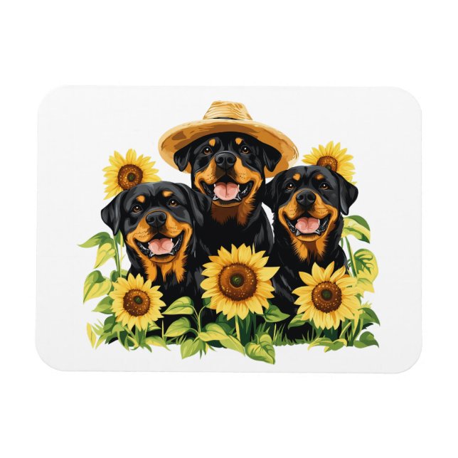 Rottweiler Dogs Surrounded By Sunflowers Magnet (Horizontal)