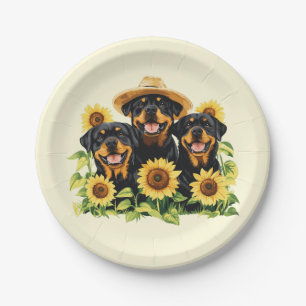 Rottweiler Dogs Surrounded By Sunflowers Paper Plate