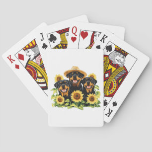 Rottweiler Dogs Surrounded By Sunflowers Playing Cards
