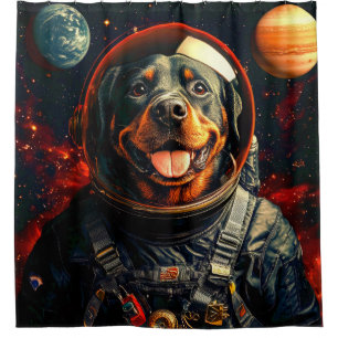 Rottweiler Explores Shower Curtain