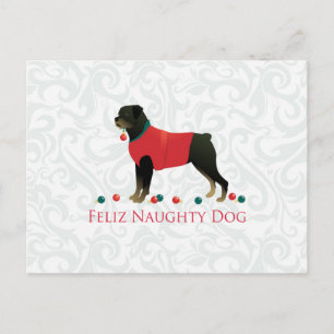 Rottweiler Feliz Naughty Dog Christmas Design Holiday Postcard