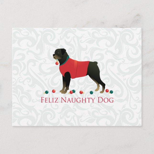 Rottweiler Feliz Naughty Dog Christmas Design Holiday Postcard (Front)