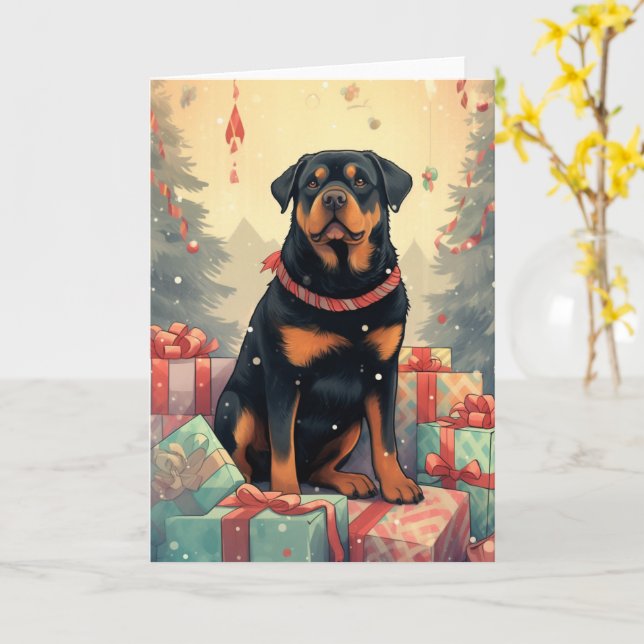 Rottweiler Guarding Christmas Presents Card (Yellow Flower)