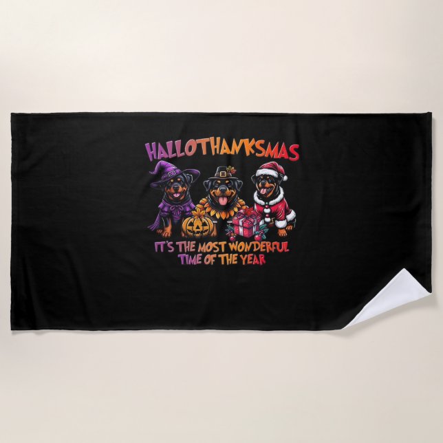 Rottweiler Halloween Thanksgiving Christmas Classi Beach Towel (Front)
