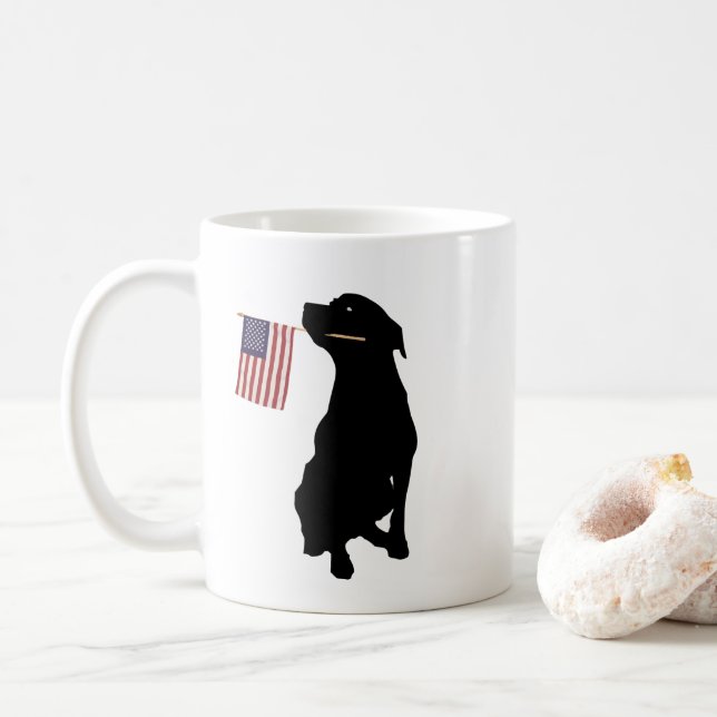 Rottweiler Holding US American Flag Coffee Mug (With Donut)