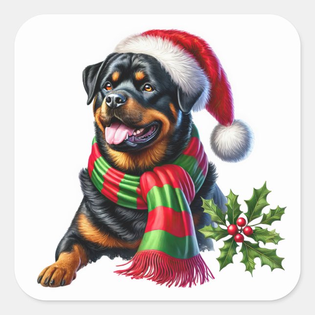 Rottweiler in a Christmas Hat and Scarf Square Sticker (Front)