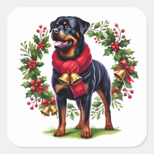 Rottweiler in a Christmas Wreath With Bells Square Sticker