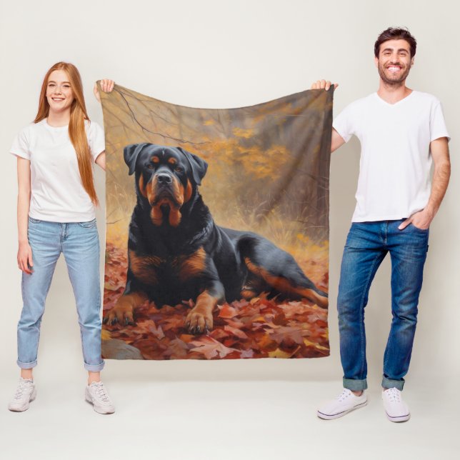 Rottweiler in Autumn Leaves Fall Inspire Fleece Blanket (In Situ)